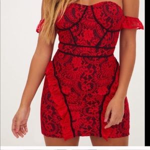 PrettyLittleThing Red Lace off shoulder dress